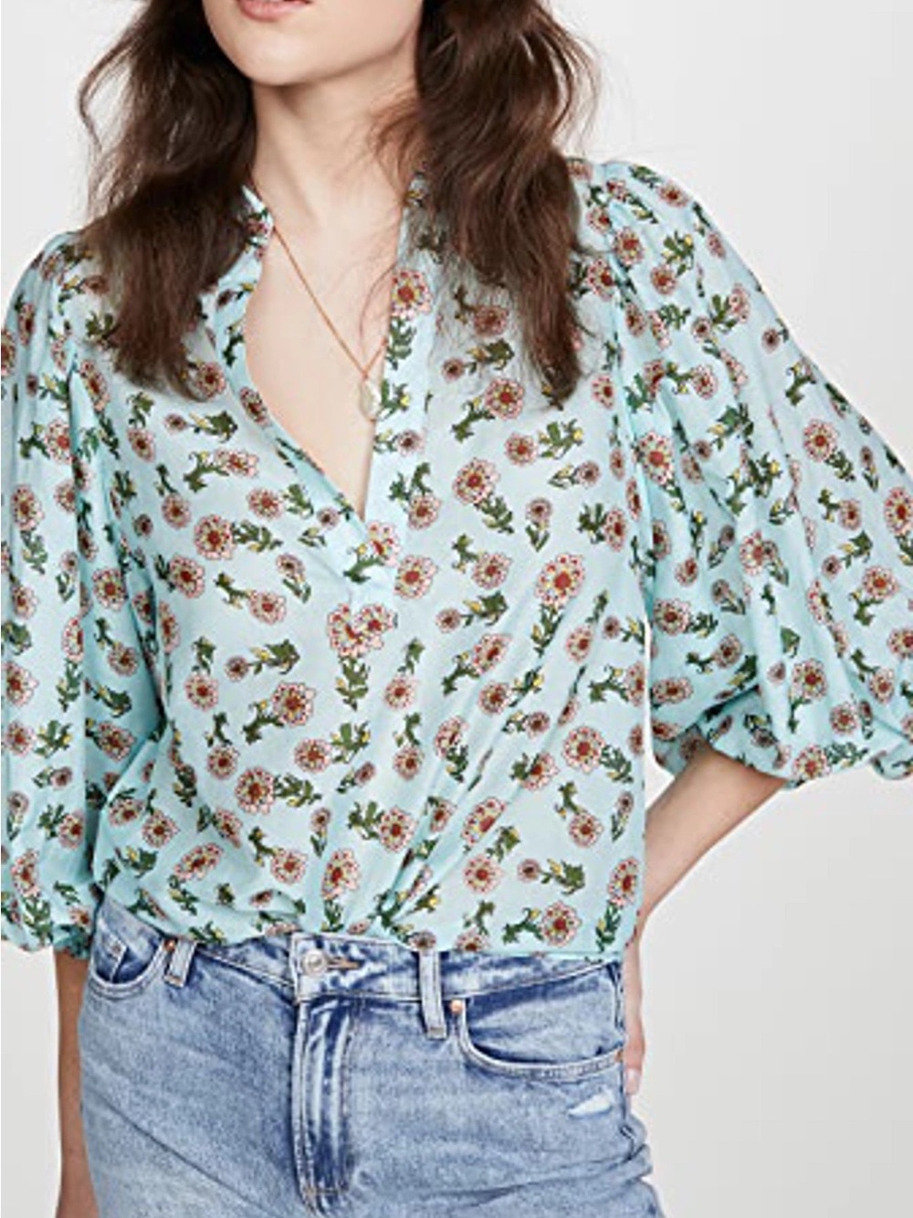 Alice + Olivia Floral Cotton Silk Balloon Sleeve Blouse Top Large